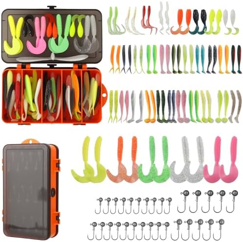 Soft Fishing Lures Set with Tackle Box, 6.5cm/8cm Paddle Tail Swimbaits, 60PCS Soft Plastic Baits with Curly Tails, Freshwater Fishing Lures for Bass, Trout, and More by WDJLMLP