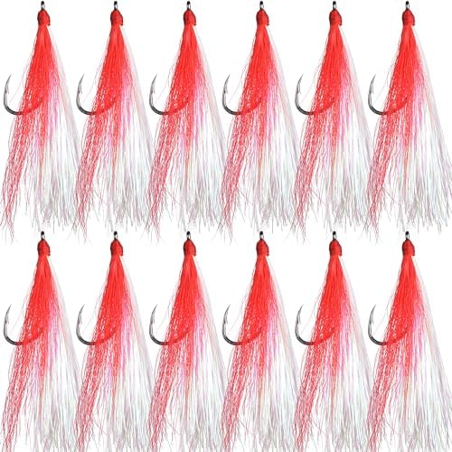 Bucktail Teasers Fishing Hooks Saltwater Flounder Rig Bucktail Mylar Teasers Inserted Fishing Teaser Hooks for Jigs Spoons Lures Hi/Lo Rig Striped Bass Bluefish Flounder Surf Bottom Fishing by AGOOL