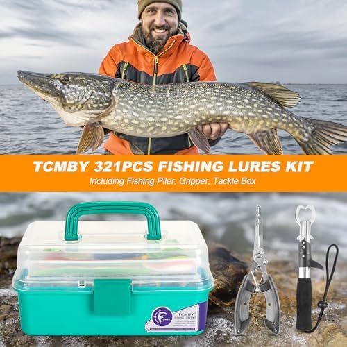 TCMBY 3 Layers Tackle Box with Tackle Included, 321Pcs Fishing Lures Kit Contains Pliers, Crankbait, Hooks, Weights & Accessories, Fishing Gear Bait Lure Gifts for Men Bass Freshwater (Green) - Image 2