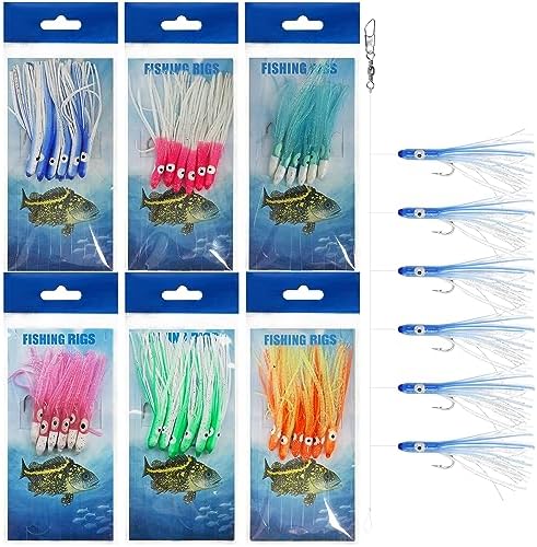 Fishing Bait Rigs Saltwater Set, 6 Packs Squid Bait Lure Rigs Surf Fishing Rigs with Glow Soft Squid Skirt Hook Swivel Snap for Freshwater Saltwater by SILANON