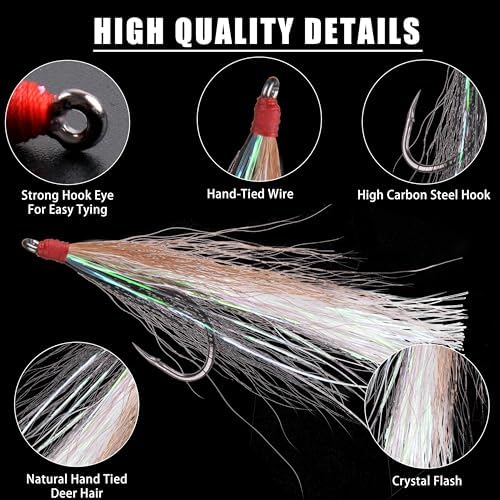 Bucktail Teasers Fishing Hooks Saltwater Flounder Rig Bucktail Mylar Teasers Inserted Fishing Teaser Hooks for Jigs Spoons Lures Hi/Lo Rig Striped Bass Bluefish Flounder Surf Bottom Fishing - Image 2