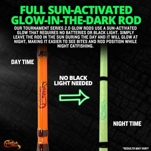 Catfish Pro Tournament Series 2.0 Glow Rod 7'6" One-Piece Spinning or Casting, M, MH, H Action, Sun-Activated Glow-in-the-Dark Rod, Anti-Slip Super Grip Handle, Stainless Steel Guides - Image 3