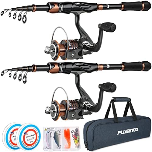 PLUSINNO Fishing Rod and Reel Combos, Bronze Warrior Toray IM6 Carbon Matrix Telescopic Fishing Rod Pole, 12 +1 Shielded Bearings Stainless Steel BB Spinning Reel, Travel Freshwater Fishing Gear by PLUSINNO