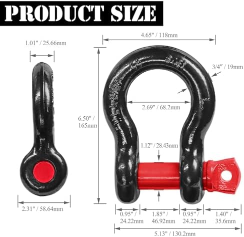 1" D Ring Shackle with 1-1/8" Screw Pin, 8.5T Working Load Limit (WLL) / 51T (112,436 lb) Minimum Breaking Strength (MBS) for Tow Strap Winch, Off-Road Vehicle Recovery (Black/Red, 2 Pack) - Image 4