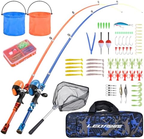 LEOFISHING Portable Kids Fishing Rod Set 2Pack Telescopic Fishing Poles for Boys and Girls Fishing Rod and Reel Combos with Full Kits Fishing Net and Bucket for Toddler Youth by LEOFISHING