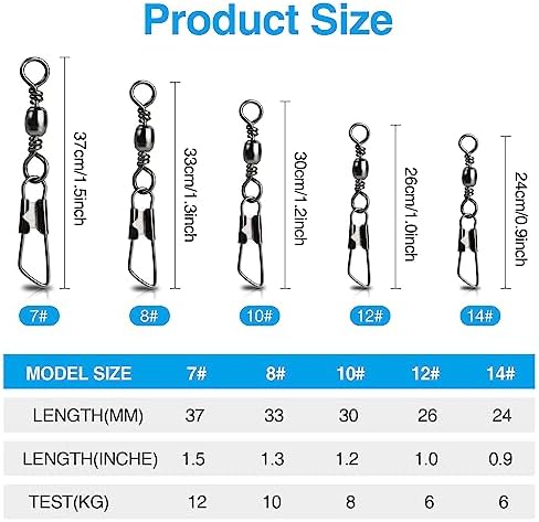 Realure 100 Pcs Fishing Swivels and Clips, Safety Snaps Swivels Fishing Tackle, Sea Fishing Swivels, Rolling Swivel for Quick Change Swivels Fishing Hook to Line Connectors (7# 8# 10# 12# 14#) - Image 2