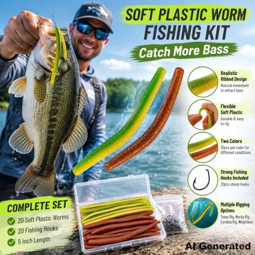 Soft Plastic Worm Fishing Kit, 5 Inch 0.25oz Stick Baits, 20pcs Double Color Segmented Worms (10 Each) with 20 Fishing Hooks, Scented Bionic Bass Fishing Lure Set - Image 4
