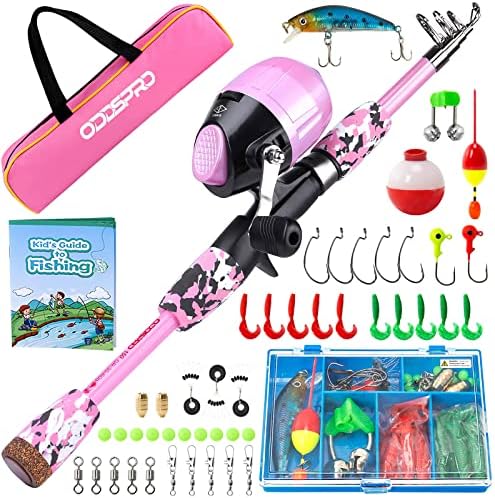 ODDSPRO Kids Fishing Pole Pink, Portable Telescopic Fishing Rod and Reel Combo Kit - with Spincast Fishing Reel Tackle Box for Girls, Youth by ODDSPRO
