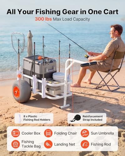 VEVOR Beach Fishing Cart, 300 lbs Load Capacity, Fishing Cart Wagon with Heavy-Duty Aluminum Alloy Frame, 13-Inch All-Terrain PU Balloon Tires, 8 Rod Holders, for Outdoor Activities Camping Picnic - Image 3