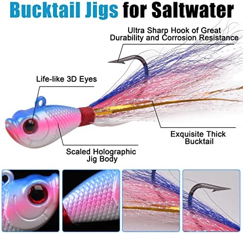 Bucktail Jigs Saltwater Hair Jig Lures, 5pcs Bucktail Jigs Fishing Lures Surf Fishing Jig Head Swimbait Jig Hook for Bass Flounder Striper 1/4oz 1/2oz 1oz 1.5oz - Image 2