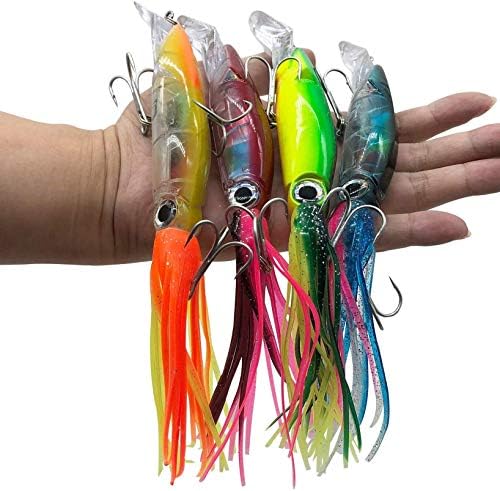 4Pcs Large Simulation Squid Fishing Lures Bait Kit,3D Holographic Eyes，Built-in Multicolored Lead Blocks Through Heavy Duty ，Stable and Tempting by DAMIDEL