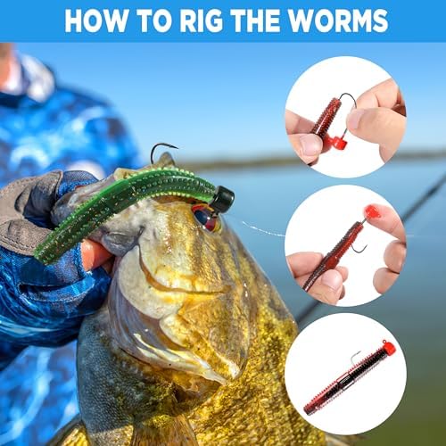PLUSINNO Wacky Worm Fishing Lure Kit, Soft Plastic Fishing Lures, Grub Baits Hook Wacky Rig Bass Trout Fishing Worms Lures w/Tackle Box - Image 5