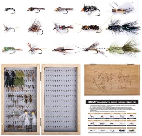 Goture Fly Fishing Flies Assortment Kit with Wooden Fly Box by Goture