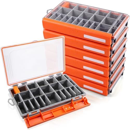 Junkin 6 Pack 3600 Fishing Tackle Boxes Waterproof, High-vis Orange Lure Organizer Trays with Removable Dividers, Airtight Bait Storage Case for Bass Fishing Backpacks & Kayak Gear Accessories by Junkin