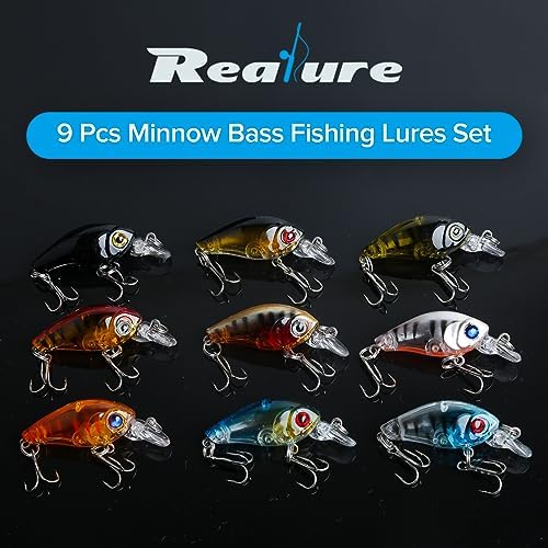 Realure 9 Pcs Minnow Bass Fishing Lures Set with Swivels, Wobbler Crankbaits with Treble Hooks, Sea Fishing Lures for Bass, Pike, Trout, Perch Lures, Hard (Mixed Colors) - Image 3