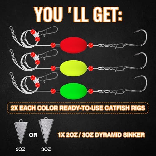Narcissus Catfish Rigs Set – 6 Pre-Tied Rigs with 2 Sinker Sliders & 2oz Pyramid Sinker, Float Rigs Tackle, Santee Rig, Circle Hooks 6/0 – Complete & Ready-to-Use Kit - Image 5