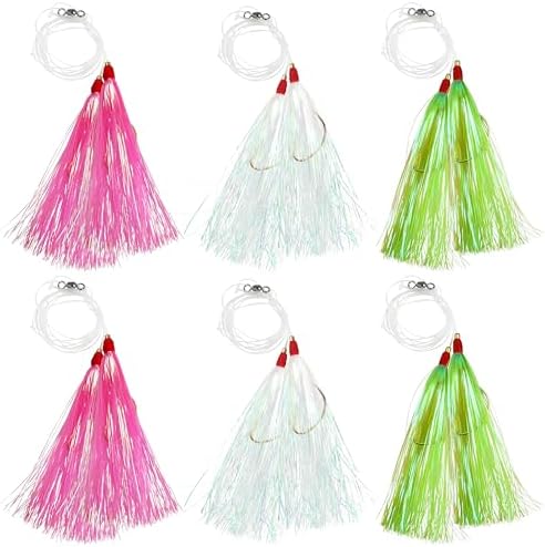 Flounder Rigs for Saltwater Fishing, 6pcs Fishing Bait Rigs with Mylar Bucktail Teaser Hook Pr-Rigged Fishing Rigs for Surf Ocean Flounder Sea Bass Halibut Fishing by OROOTL