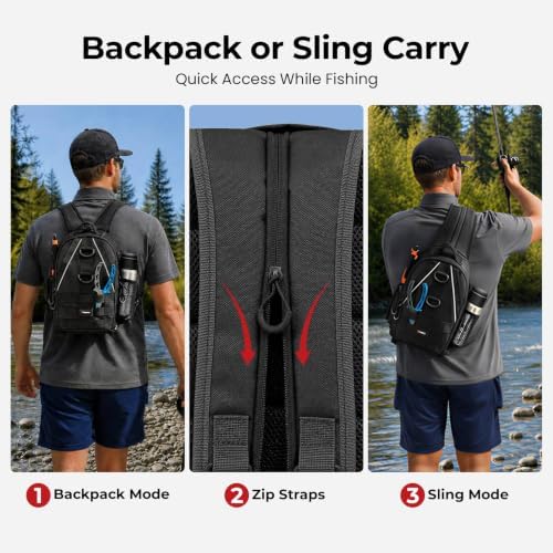 Piscifun Fishing Backpack, Rod Holders, Lightweight Sling Bag, Black - Image 3