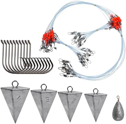 Saltwater Surf Fishing Tackle Kit - Saltwater Surf Fishing Rigs Bottom Rigs Include Fishing Leader Rigs Pyramid Sinkers Bass Casting Sinker Circle Hooks for Striped Bass Red Drum Flounder by AGOOL