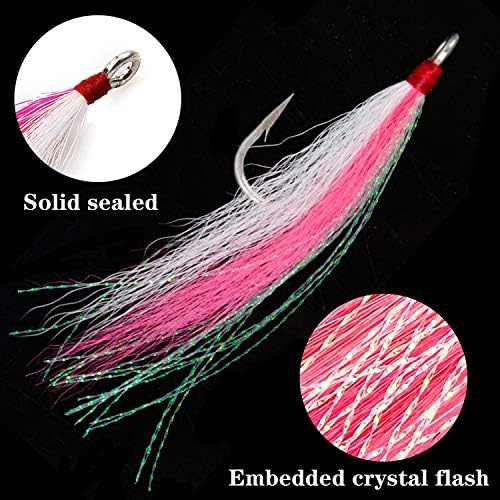 Bucktail Teasers Fishing Hooks Saltwater Flounder Rig Fishing Hooks Stainless Steel Bucktail Mylar Teasers Inserted for Striped Bass Trout Catfish Cod Flounder Hi/Lo Rig 3 Colors - Image 3