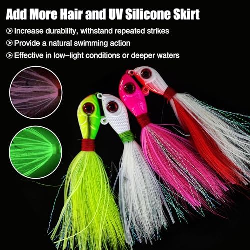 Eupheng Glow Bucktail Jigs, Surf Fishing Hair Jig with Mustad Hook - Image 6