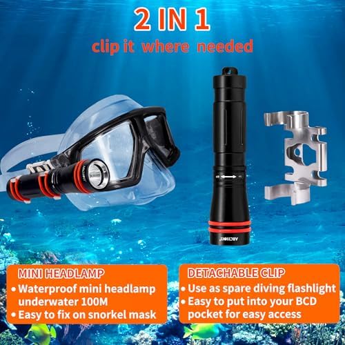 ARCHON D2A Small Diving Flashlight, Dive Headlamp Waterproof Flashlight Black Backup Light with Stainless Steel 316 Face Mask Clip for Underwater Lighting - Image 2