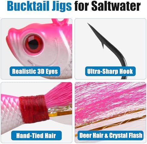 Bucktail Jigs Saltwater Fishing Lures, 5pcs Premium Bucktail Hair Jigs Head Saltwater Striper Lures for Bass Flounder Bluefish Halibut Redfish Surf Fishing 1/4oz 1/2oz 1oz 1.5oz 2oz - Image 2