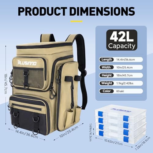 PLUSINNO Fishing Backpack with Rod Holders, 42L Large Water-Resistant Tackle Bag for Fishing, Camping, Hiking, Gifts, Khaki (4 Tackle Boxes Included), 36,6 x 25,4 x 45,7 cm, Sporty, functional - Image 2