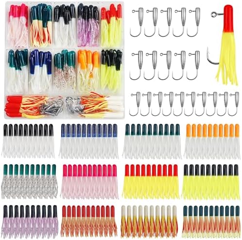 Soft Fishing Lures Jig Head Hooks Kit, Crappie Jigs Lures Kit Mixed Curly Grub Lures Tube Baits Soft Plastic Swimbaits for Bass Trout Panfish Saltwater Freshwater Fishing by OROOTL