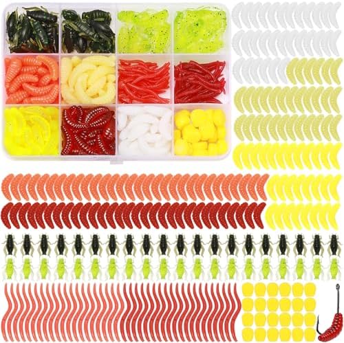 Realure 250 Pcs/4 Types Fishing Soft Plastic Worms Set Artificial Bread Worm & Earthworm & Cricket & Corn Baits Silicone Soft Maggot Simulation Bait Worm for Freshwater & Saltwater Sea Fishing by Realure