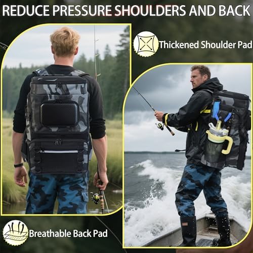 Fishing Backpack with Rod Holder X-Large 60L Tackle Gears Bag with Cooler for Storage Tackle Box and Fishing Accessories Stuff, Fish Gifts for Men Woman-Gray Camo - Image 6