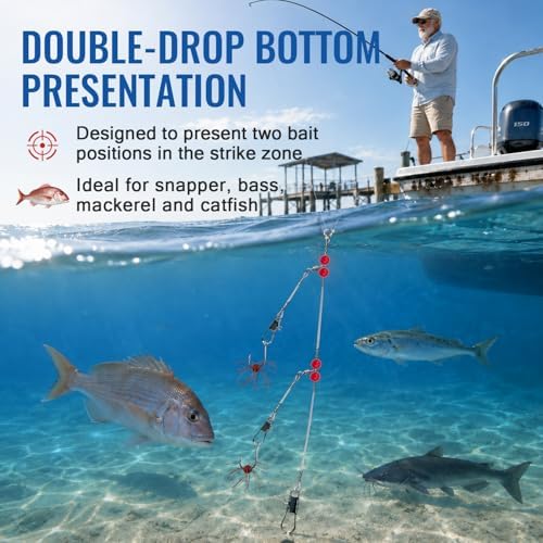 Narcissus Double Drop Saltwater Fishing Rig –2 Hook Bottom Rigs with Swivels & Snaps, Pre-Tied Surf Pier Boat Leader Line for Snapper, Bass, Mackerel, Catfish - Image 5