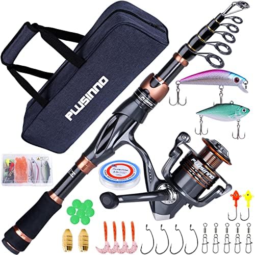 PLUSINNO Fishing Rod and Reel Combos, Bronze Warrior Toray IM6 Carbon Matrix Telescopic Fishing Rod Pole, 12 +1 Shielded Bearings Stainless Steel BB Spinning Reel, Travel Freshwater Fishing Gear by PLUSINNO