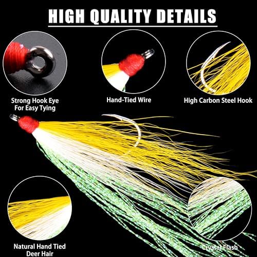 Bucktail Teasers Fishing Hooks Saltwater Flounder Rig Bucktail Mylar Teasers Inserted Fishing Teaser Hooks for Jigs Spoons Lures Hi/Lo Rig Striped Bass Bluefish Flounder Surf Bottom Fishing - Image 2