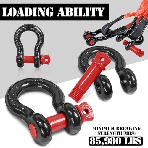 7/8" D Ring Shackle with 1" Screw Pin, 6.5T Working Load Limit (WLL) / 39T (85,980 lb) Minimum Breaking Strength (MBS) for Tow Strap Winch, Off-Road Vehicle Recovery (Black/Red, 2 Pack) - Image 3