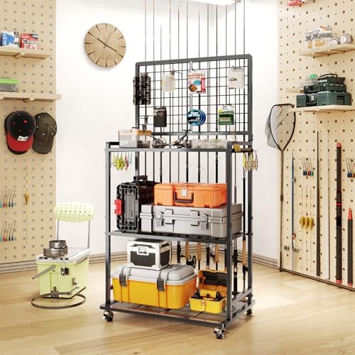 SOYEEZE Large Size Fishing Rod Holders for 12 Rods, Rolling Fishing Pole Holders for Garage, 3-Tier Fish Rod Rack for Tackle Box, Fishing Supplies,a Display Fish Gear Storage Gift for Man by SOYEEZE