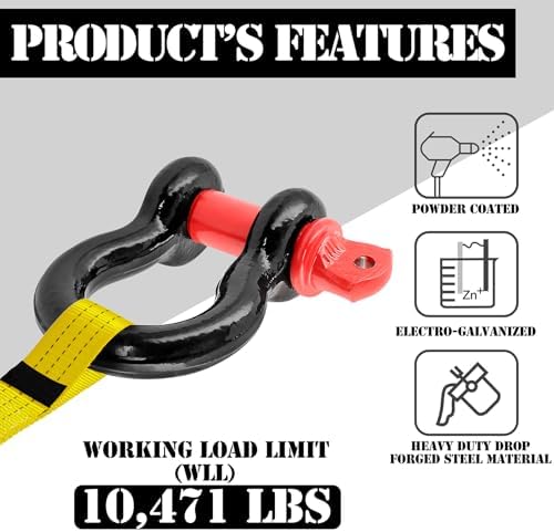 3/4" D Ring Shackle with 7/8" Screw Pin, 4.75T Working Load Limit (WLL) / 28.5T (62,831 lb) Minimum Breaking Strength (MBS) for Tow Strap Winch, Off-Road Vehicle Recovery (Black/Red, 2 Pack) - Image 2