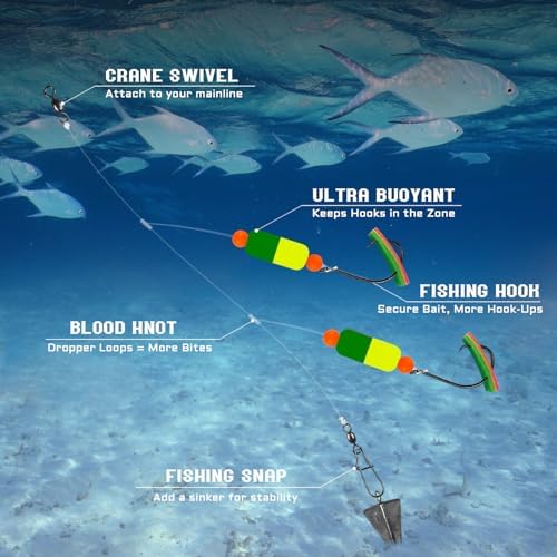 Pompano Rig Saltwater Surf Fishing Rigs – Double Drop Leader Rigs with Hooks, Floats, Beads & Snap – Easy Pre-Tied Terminal Tackle for Pompano, Whiting, Redfish - Image 2