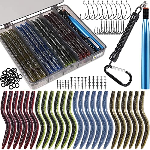 PLUSINNO Wacky Worm Fishing Lure Kit, Soft Plastic Fishing Lures, Grub Baits Hook Wacky Rig Bass Trout Fishing Worms Lures w/Tackle Box by PLUSINNO