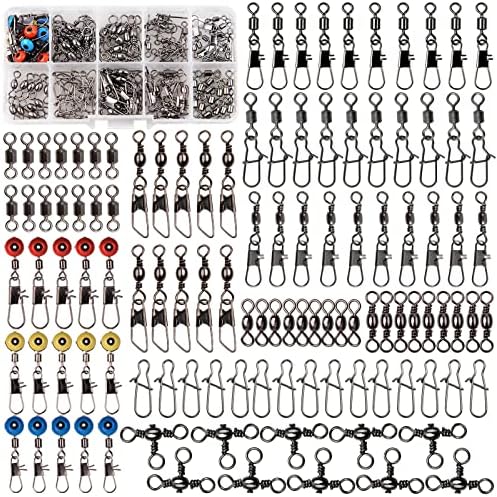 Fishing Swivels Kit - Ball Bearing Swivel, Rolling Barrel Swivel, Crossline Three Way Swivel, Duo Lock Snap, High Strength Fishing Line Connector for Bass Trout Saltwater Freshwater by JSHANMEI