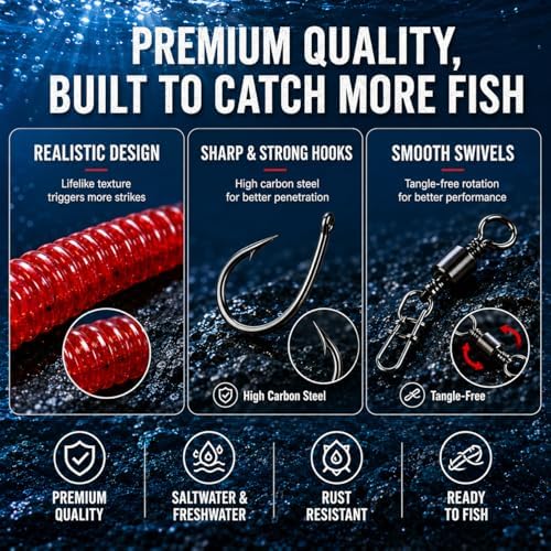 50PCS Fishing Worm Lure Kit with Hooks & Swivels – Soft Plastic Bass Fishing Lures in Red, Green & Orange, Ready-to-Fish Worm Baits for Bass, Trout, Crappie, Freshwater & Saltwater - Image 3