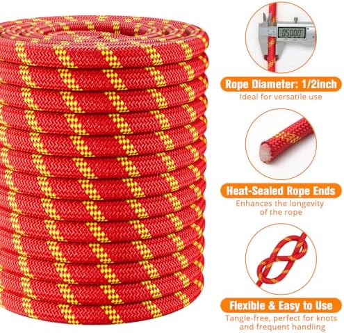 Double Braided Arborist Rigging Rope - 1/2 in X 150 ft 48 Strands Rappelling Outdoor Pulling Heavy Duty Polyester Bull Rope for Swing Tree Work Camping Rescue Hiking - Red - Image 4