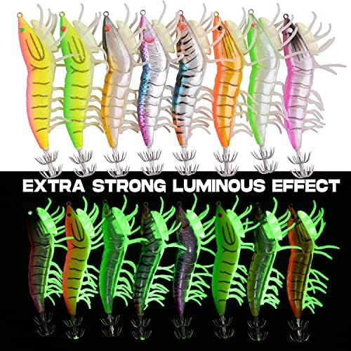 Glow Squid Jig Saltwater Squid Lures, 8pcs Luminous Shrimp Prawn Lures Fluorescent Cuttlefish Sleeve Octopus Jigs Artificial Baits for Octopus, Cuttlefish, Shrimp - Image 2