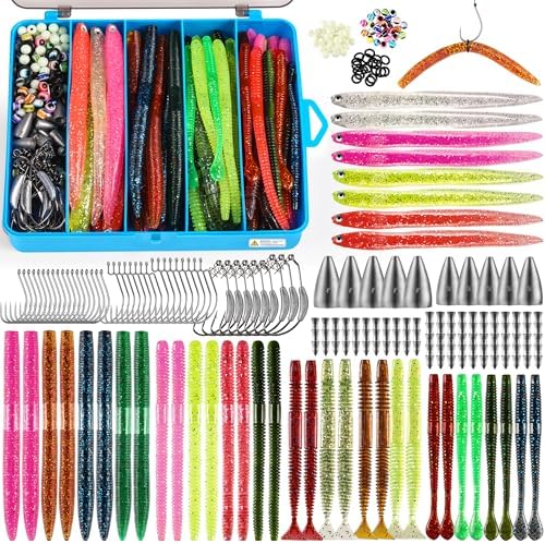 PLUSINNO Wacky Worm Fishing Lure Kit, Soft Plastic Fishing Lures, Grub Baits Hook Wacky Rig Bass Trout Fishing Worms Lures w/Tackle Box by PLUSINNO