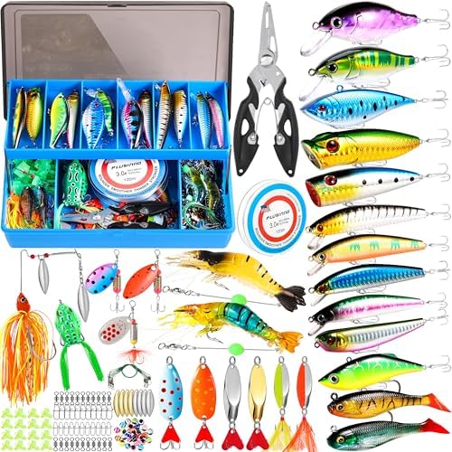 PLUSINNO Fishing Lures Fishing Tackle Box Fishing Gifts for Men, Bass, Trout Fishing Accessories Kit for Saltwater & Freshwater Fishing Gear Including Topwater Lures, Hooks, Spinnerbaits by PLUSINNO