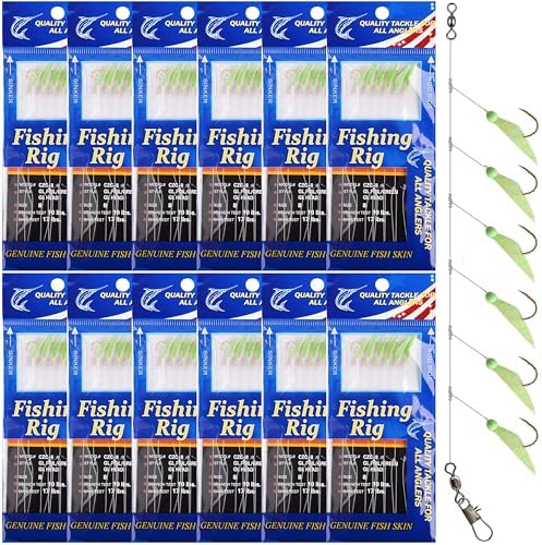 Fishing Bait Rigs Saltwater, 12 Packs Surf Fishing Lure Bait Rigs Set with Fish Skin Glow Beads String Hooks Swivels Mackeral Herring Baitfish Sea Bass Rigs by SILANON