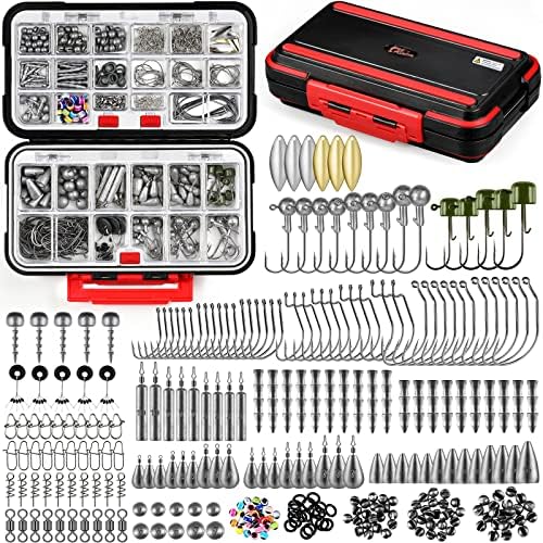 PLUSINNO 253/387pcs Fishing Gear Accessories Kit, Fishing Tackle Box with Tackle Included, Fishing Hooks, Fishing Weights Sinkers, Spinner Blade, Fishing Equipment for Bass Trout Bluegill Crappie by PLUSINNO