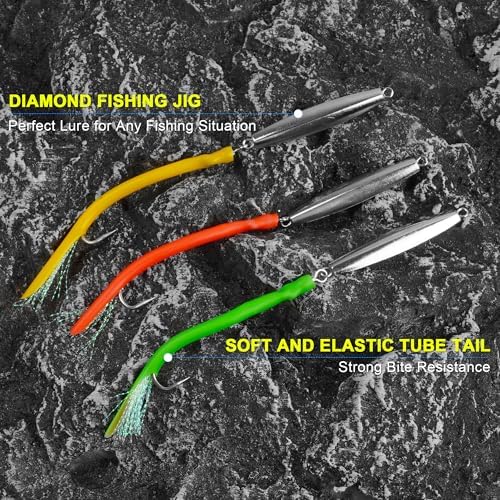 Diamond Jigs Saltwater Fishing Lures,Casting Jigging Spoon with Split Tube Tail Stainless Steel Hook Metal Jig Spoon Baits for Deep Sea Offshore Surf Fishing Bottom Sinking - Image 4