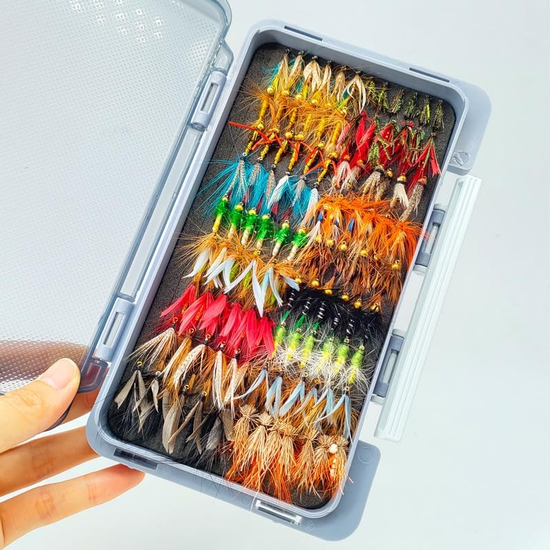 110pcs Fly Fishing Flies Kit with Fly Box, Large Assortment of Dry Flies Wet Flies Nymphs Streamers and Woolly Bugger Flies for Trout Bass Freshwater Fishing by Aquavico