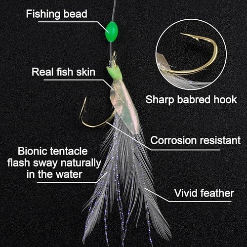 Fishing Bait Rigs Saltwater Surf Fishing Lures Bait Rig with Real Fish Skin Glow Beads Sharp Hooks Swivels Surf Fishing Rigs Sea Bass Cod Herring Hook Rig Size 4 6 8 - Image 3